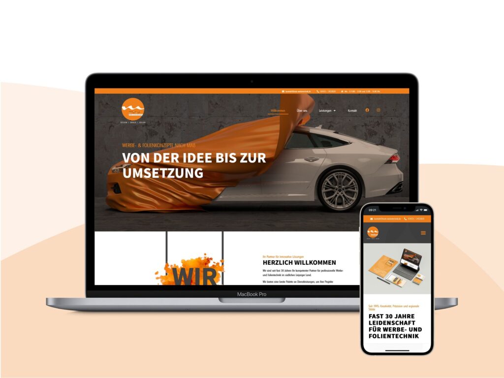 Das Bild zeigt einen Laptop und ein Smartphone welche das responsive Webdesign der Website von Kratz- Werbe & Folientechnik zeigt. Das Farbschemas des Bild ist orange/anthrazit.